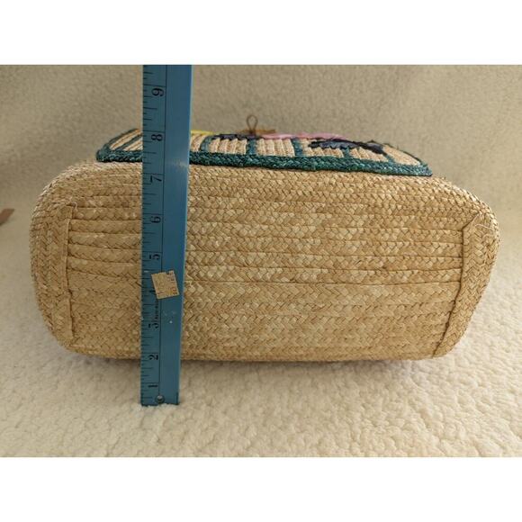 Vintage 1960’s Straw Bag Woven Floral Raffia Tote Handbag Travel Beach Bag - Picture 7 of 11